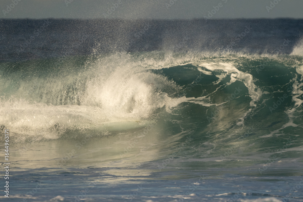 Fototapeta premium Ocean wave forming a small barrel, dynamic motion, blue water, natural surf, sunlight