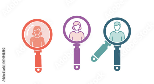 Three colorful magnifying glasses with people inside them