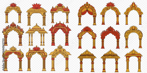 A collection of ornate, traditional Indian architectural arches and gateways, illustrated in gold and red.