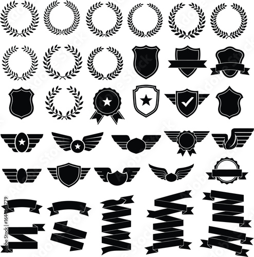 Collection of vintage laurel wreaths shields wings and ribbons emblem set