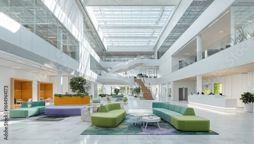 Wallpaper Mural Sunlit modern office atrium with high ceilings, glass skylights, and colorful modular seating arranged around a patterned rug Torontodigital.ca