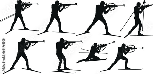 Biathlon athlete silhouette series, skiing and shooting poses, winter sports action, dynamic movement, sports performance, competitive skiing, shooting target, professional biathlon action,