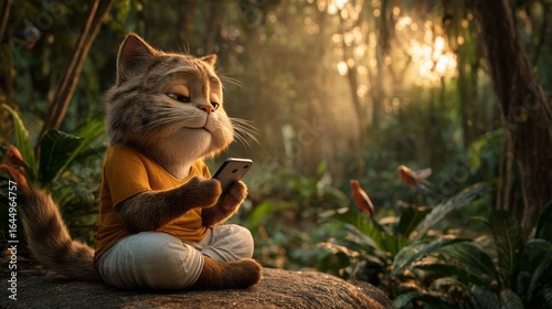 3D-rendered anthropomorphic cat musician wearing orange robes playing a traditional stringed instrument while sitting peacefully in a sunlit forest clearing.