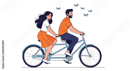 Cartoon couple riding tandem bicycle with birds in the sky