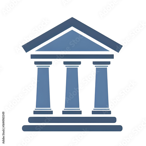 A minimalist 3D icon of a bank or government building with classic columns. Represents finance, banking, law, justice, stability, and corporate authority.