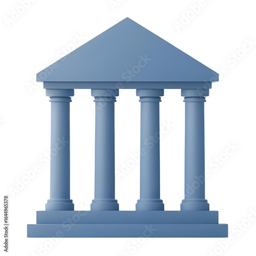A minimalist 3D icon of a bank or government building with classic columns. Represents finance, banking, law, justice, stability, and corporate authority.