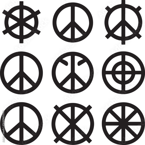 Diverse circular symbols black outlines peace symbol