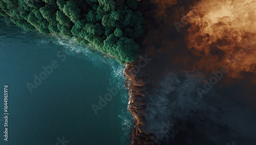 Aerial view of lush green forest sharply divided from a burning, smoky landscape bordering dark water