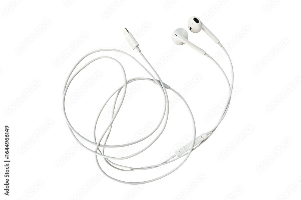 Modern white wired headphones on transparent background Modern white wired headphones on transparent background
