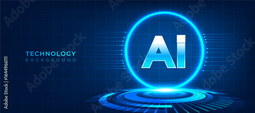 AI technology background vector with glowing blue neon circle and futuristic grid floor, perfect for website banner, presentation, Modern, artificial intelligence design
