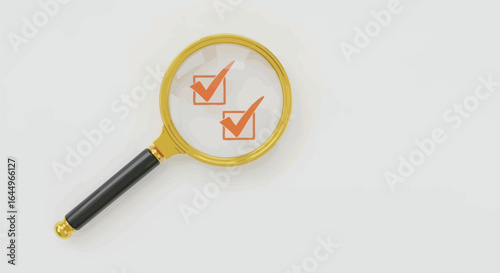 Magnifying glass over two orange check marks on white surface