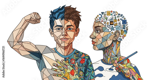 Empowered individual flexing muscle, creative mind brainstorms ideas with data graphics, teamwork