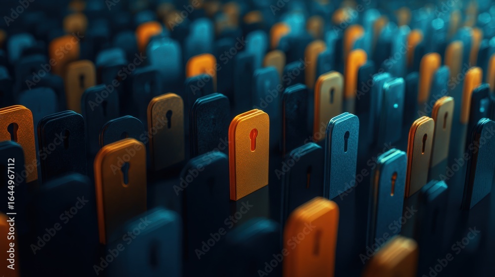 Obraz premium Floating layered passwords and shields, amber and dark blue, privacy walls concept