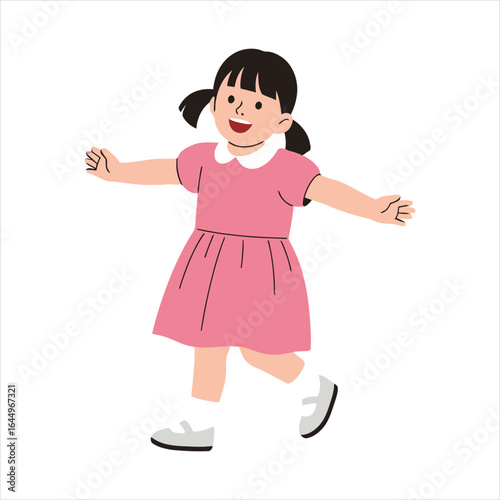 An adorable little girl with a cheerful expression and open arms, wearing a pink dress.