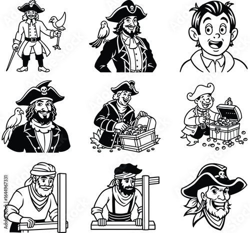 Collection of cartoon pirates and their treasures and adventures at sea