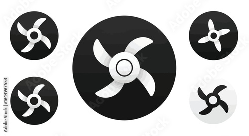 Five stylized fan icons with varying blade counts and colors
