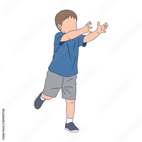 A simple illustration of a young boy with outstretched arms, balancing on one leg while reaching forward.