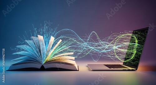 Digital Data Transfer Between Open Book and Modern Laptop Concept.
