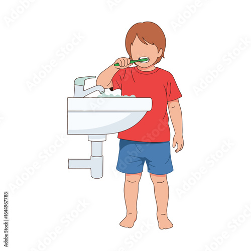 A young boy in a red shirt and blue shorts stands brushing his teeth at a bathroom sink.