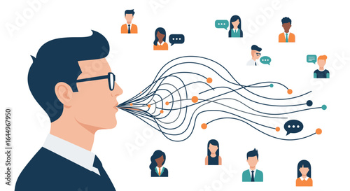 Confident speaker shares ideas, connecting with diverse audience through visual communication network