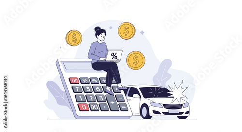 Woman sitting on calculator with car and money illustration