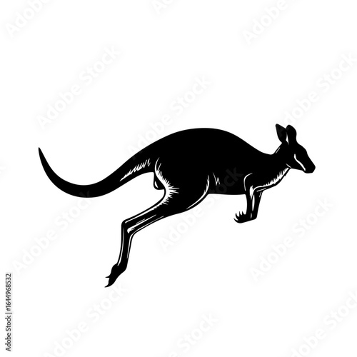 Leaping kangaroo silhouette in black, an isolated vector graphic representing Australian wildlife and nature.