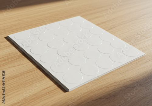 Blank sticker sheet on wooden desk, flat lay, daylight 