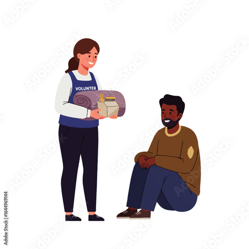 An illustration of a volunteer giving a donation box to a man in need.