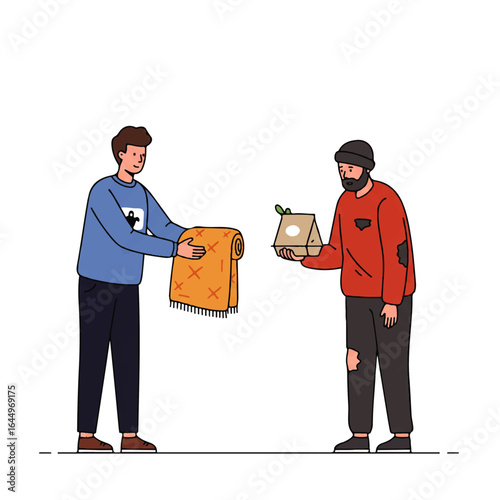 An illustration of two volunteers giving a donation box to a man in need, showing a helpful community.