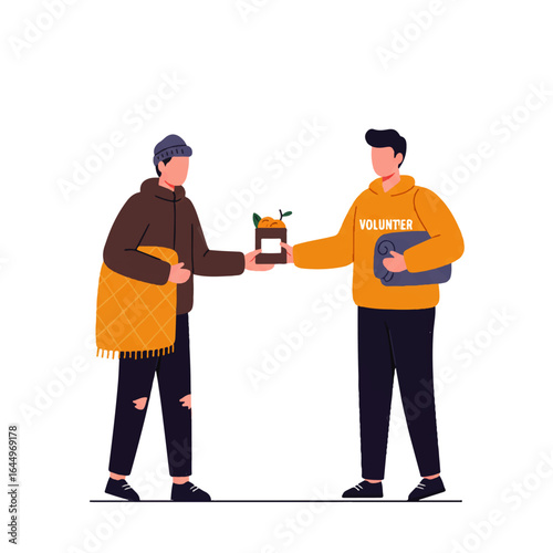 An illustration of two male volunteers giving a food package to a man in need.