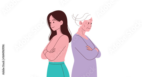 A young woman and older woman standing back to back posed