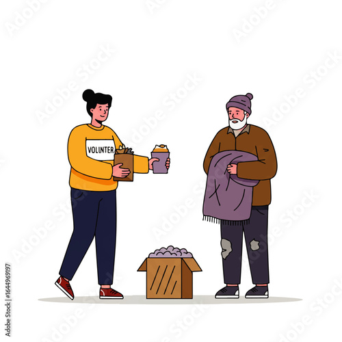 An illustration of two volunteers giving a food box to a homeless person, showing humanitarian aid