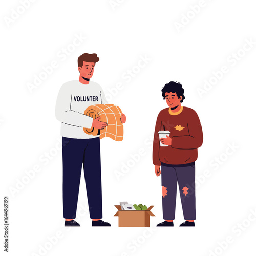 An illustration of a male volunteer giving a donation box to a man in need.