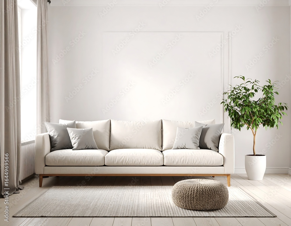 Fototapeta premium Minimalist living room with off-white sofa, rug, and potted plant