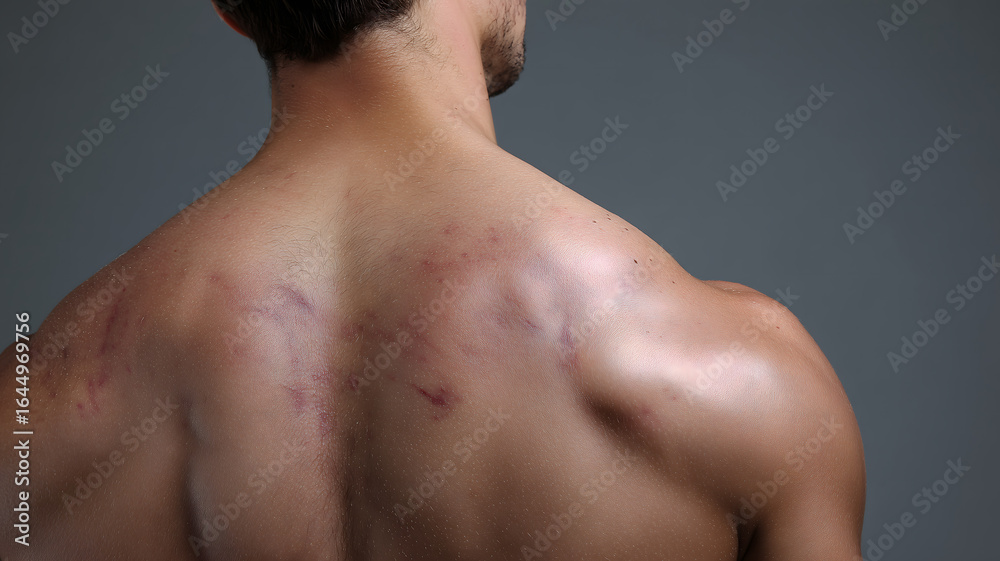 Fototapeta premium Close Up of a Man's Back with Scars on a Dark Background