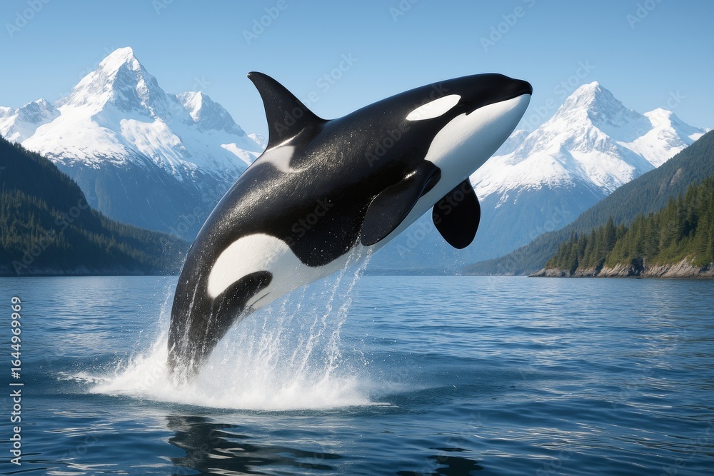 Obraz premium Majestic orca whale leaping from ocean with snow-capped mountain background under clear blue sky in bright natural light. Ai generative. Ai generative
