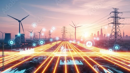 Futuristic smart city energy grid with wind turbine, power line, AI technology, digital interface sunrise and sunset, representing innovation, sustainability, and urban infrastructure transformation