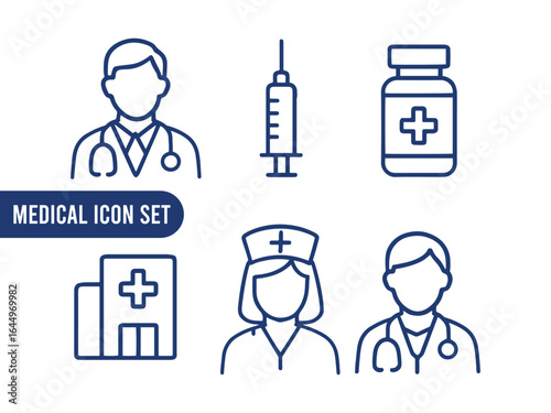 Medical Icon Set, Doctor, Nurse, Hospital, Syringe, and Medicine Bottle.