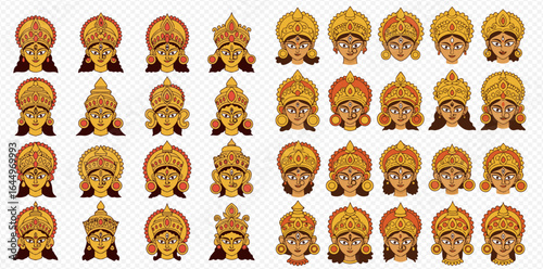 A collection of illustrated faces of the Hindu goddess Durga, showcasing various ornate golden crowns and headdresses.