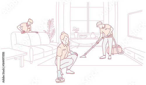 A dedicated group of skilled professional cleaners diligently maintaining a tidy, contemporary living space
