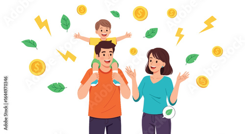 Family with child coins leaves and lightning bolts around them