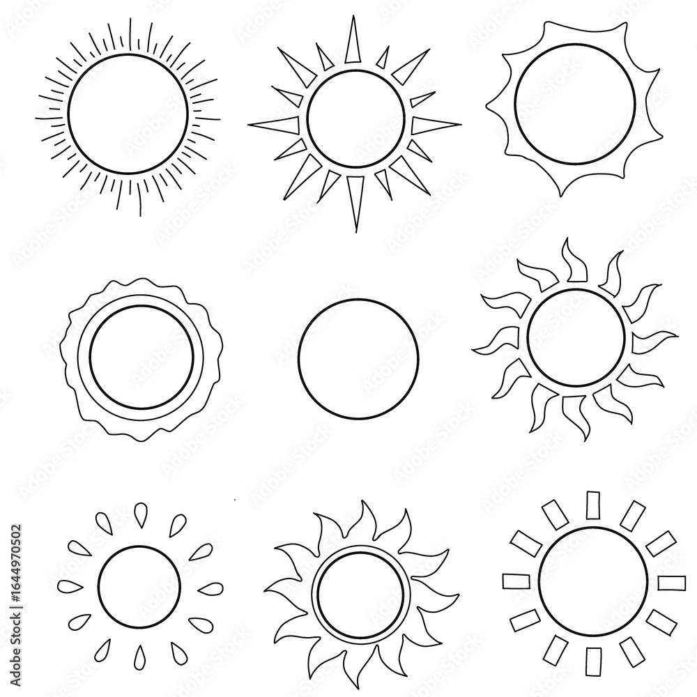 Fototapeta premium set of vector sun icons, showing various styles of rays and a plain circle