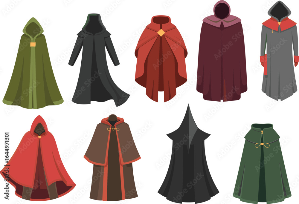 Cad drawing flat vector illustration, super man cloak set, fantasy cape collection, magical robe costume designs, medieval cloak fashion Cad drawing flat vector illustration, super man cloak set, fantasy cape collection, magical robe costume designs, medieval cloak fashion