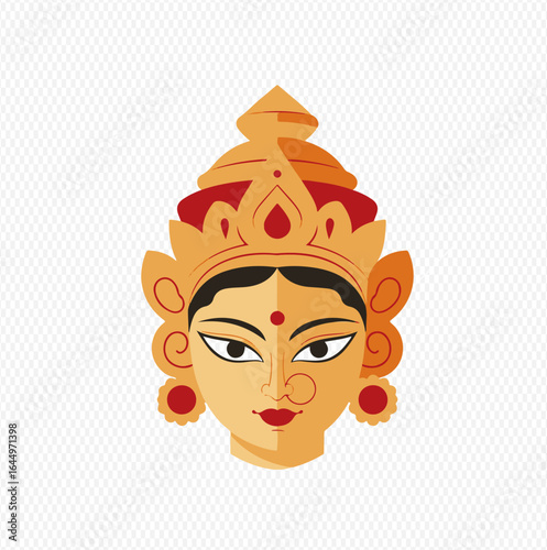 A stylized vector illustration of the Hindu goddess Durga's face, adorned with a golden crown and traditional jewelry.