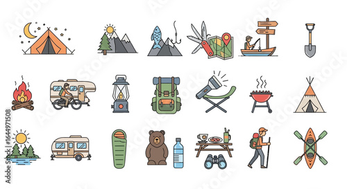 Icons depicting camping and outdoor recreational activities