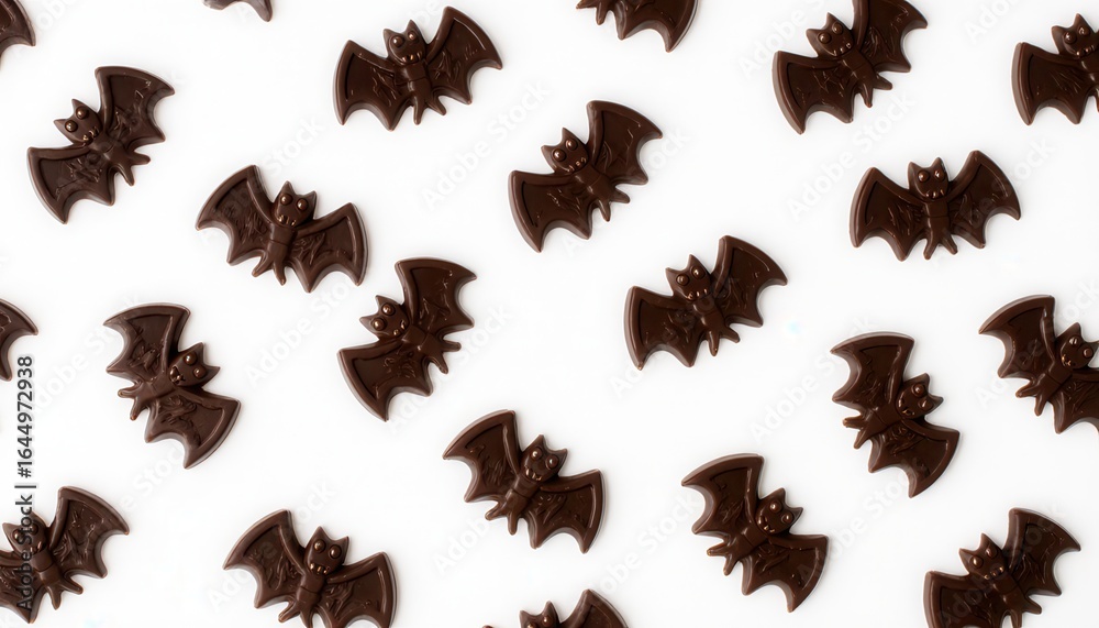 Fototapeta premium Chocolate bat-shaped candies scattered on a white background for Halloween 