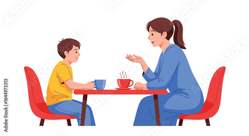 Mother and son talking at a table with cups of hot drinks