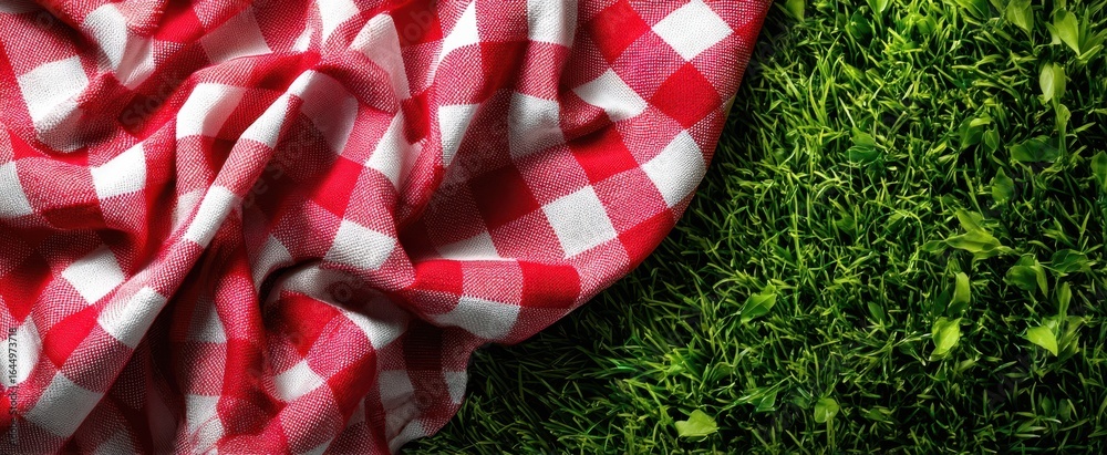 Fototapeta premium The classic red and white picnic blanket resting on fresh green grass.
