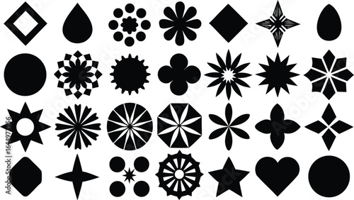 Vector art of diverse collection of black geometric shapes, icons, and symbols isolated on a white background