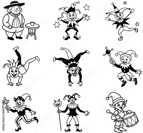 Collection of Merry Jester Characters Performing Various Amusing Acts